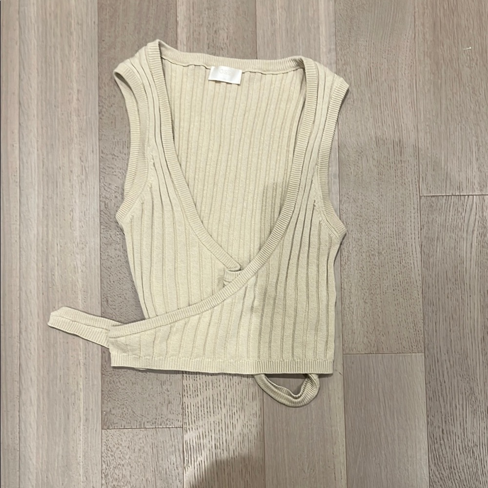 Posse Beige Ribbed Wrap Crop Top